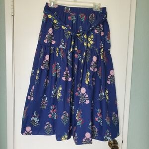 Talbots Navy Blue with Botanical Prints Midi 1 Tier Skirt Sz S Cotton